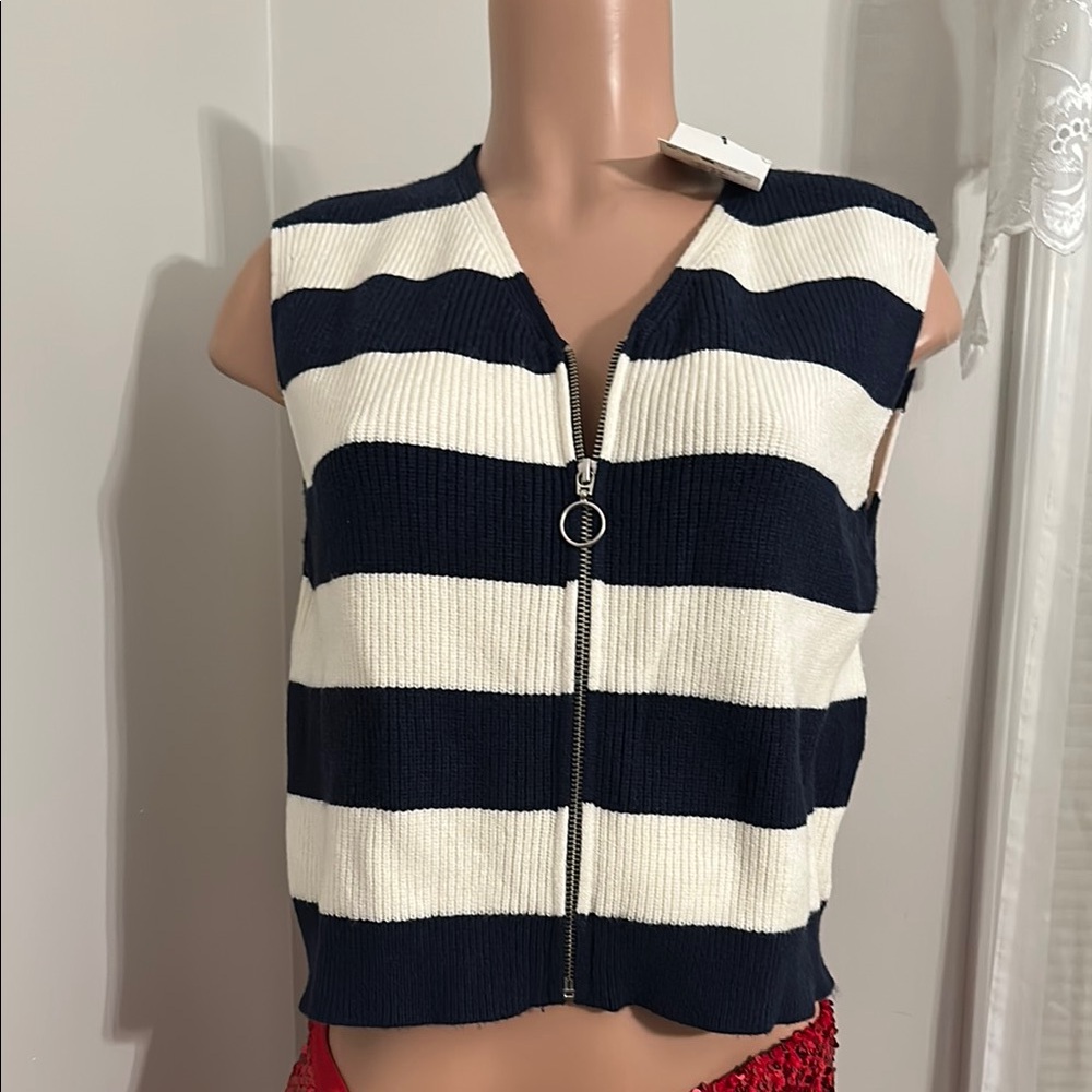 Striped Navy and White Zip-Up Vest